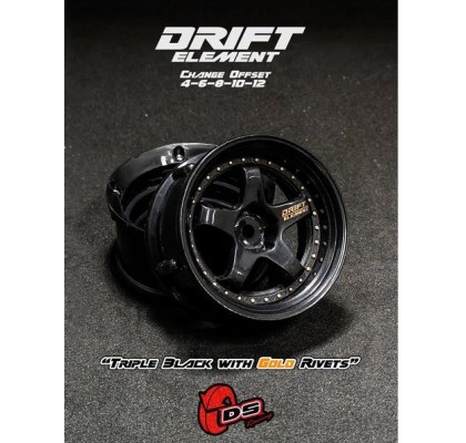 Drift Element 5 Spoke Drift Wheels (Triple Black/ Gold Rivets) (2) (Adjustable Offset) w/12mm Hex