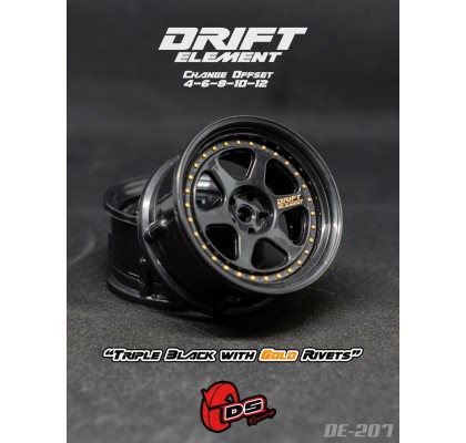 Drift Element 6 Spoke Drift Wheels (Triple Black/ Gold Rivets) (2) (Adjustable Offset) w/12mm Hex