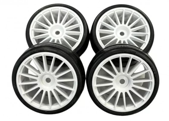 1/10 FWD Slick Tires (belted) on 16-Spoke Wheel, Preglued (4)