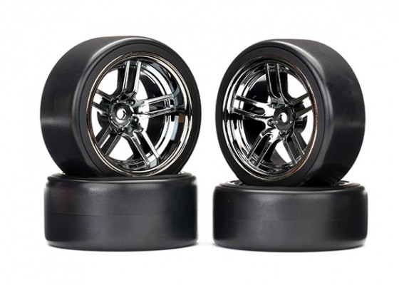 Assembled 1.9" Drift Tires & Wheels (Split-spoke black chrome wheels, ) (Front and Rear)