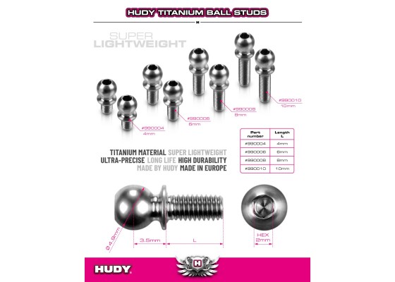 HUDY Titanium Ball Stud D=4.9 / L=6 / S=3.5 / 2mm Hex (2)