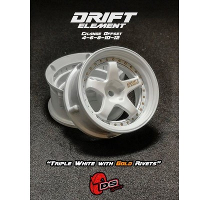 Drift Element 5 Spoke Drift Wheels (Triple White/ Gold Rivets) (2) (Adjustable Offset) w/12mm Hex