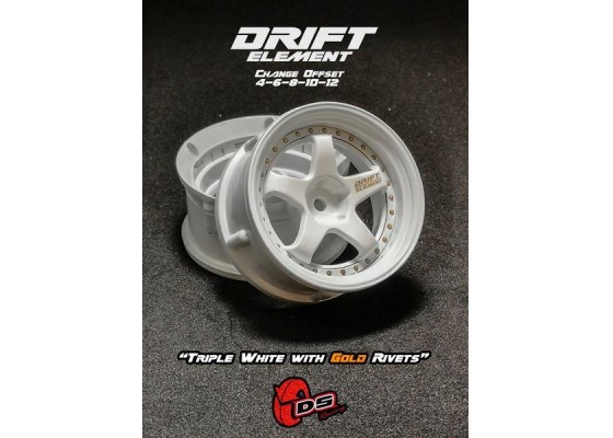 DS RACING Drift Element 5 Spoke Drift Wheels (Triple White/ Gold Rivets ...