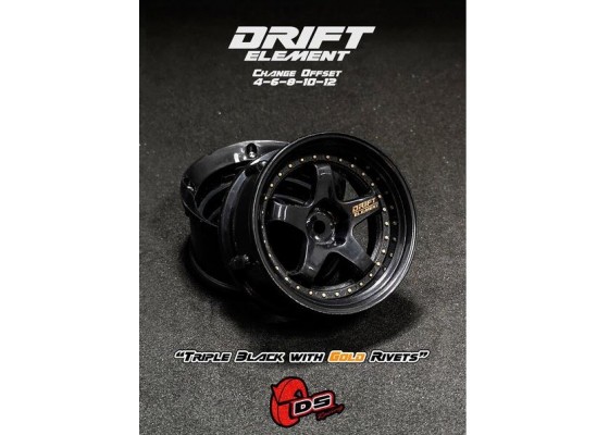 Drift Element 5 Spoke Drift Wheels (Triple Black/ Gold Rivets) (2) (Adjustable Offset) w/12mm Hex