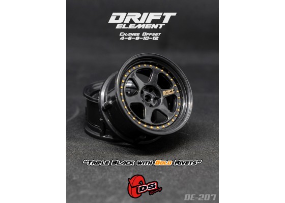 Drift Element 6 Spoke Drift Wheels (Triple Black/ Gold Rivets) (2) (Adjustable Offset) w/12mm Hex