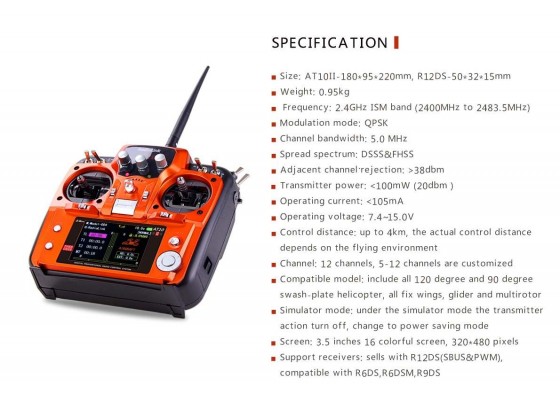 AT10II 2.4G Aircraft Controller Orange Color with 12CH Remote and R12DS Receiver