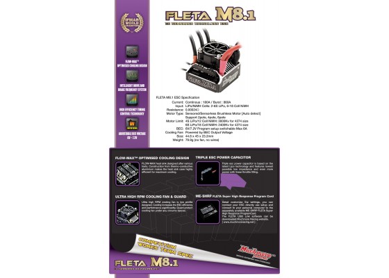Fleta M8.1 1/8 Ölçekli Kömürsüz Yarış Hız Kontrol Ünitesi 180A Siyah